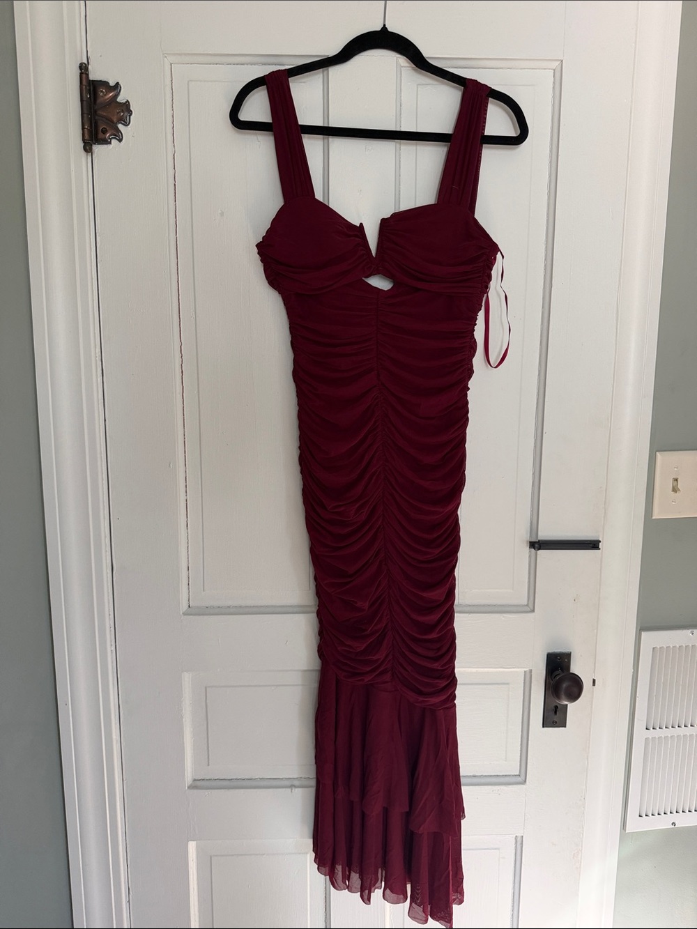 Ruched Burgundy Maxi Dress with Sweetheart Bodice